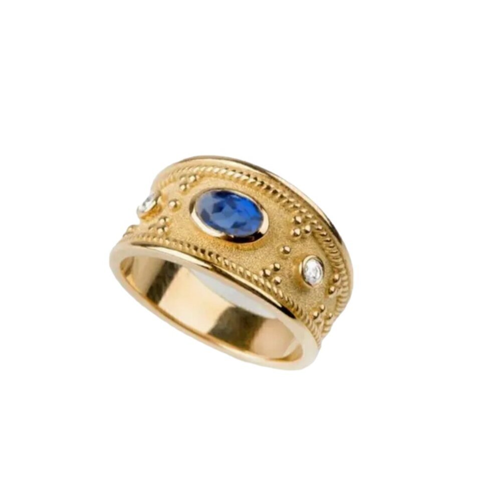 Blue Zircon Gemstone 18K Gold Plated Wide Ring